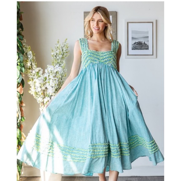 Oli and Hali Frilled Details Aqua Midi Dress Sleeveless Smocked Back Tie Pocket - Picture 14 of 14